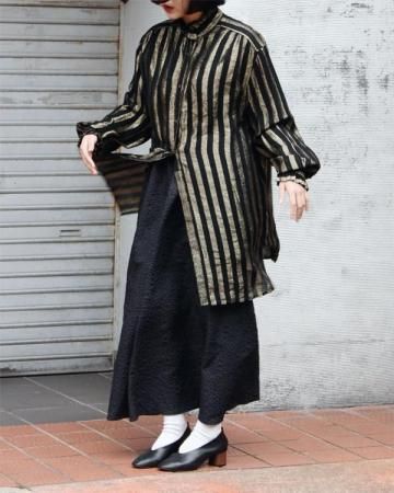 Frill stand collar sheer metallic shirt(made in Italy)