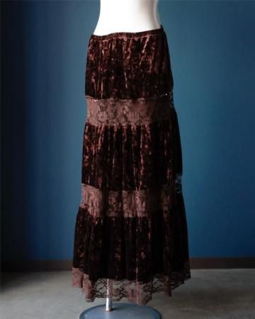 Velour & lace long tiered skirt