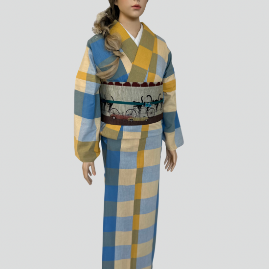 丸洗い済み★2回着用★身丈162裄68丹後木綿着物★みかん色っぽい黄色に緑縞 丸洗い済み☆2回着用☆身丈162裄68丹後木綿着物☆みかん色っぽい