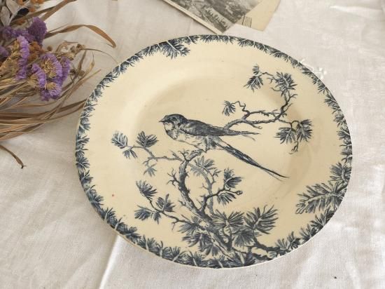 フランス アンティーク GIEN 鳥模様付き 陶器 皿 1900年 - Belle