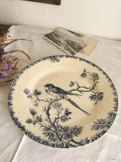 フランス アンティーク GIEN 鳥模様付き 陶器 皿 1900年 - Belle