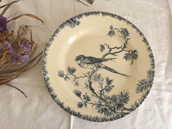 フランス アンティーク GIEN 鳥模様付き 陶器 皿 1900年 - Belle