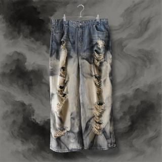 Remake"Japanese ink painting style" crush baggy wide denim pants