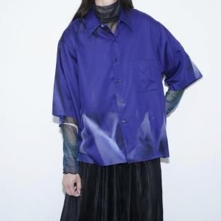 Remake"Japanese ink painting style" deep blue satin shirt